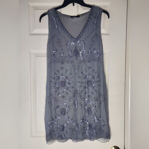 NWT Rise 12 Grey Beaded Padded Beaded Embroidered Sleeveless Overlay Party Dress